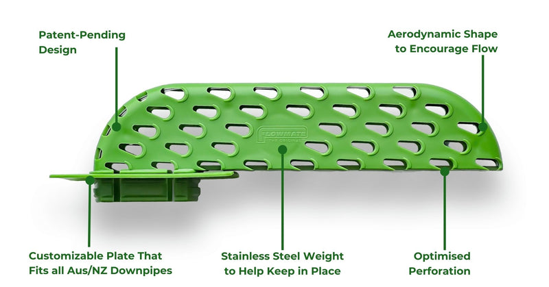  Green downspout diverter with features highlighted on a white background